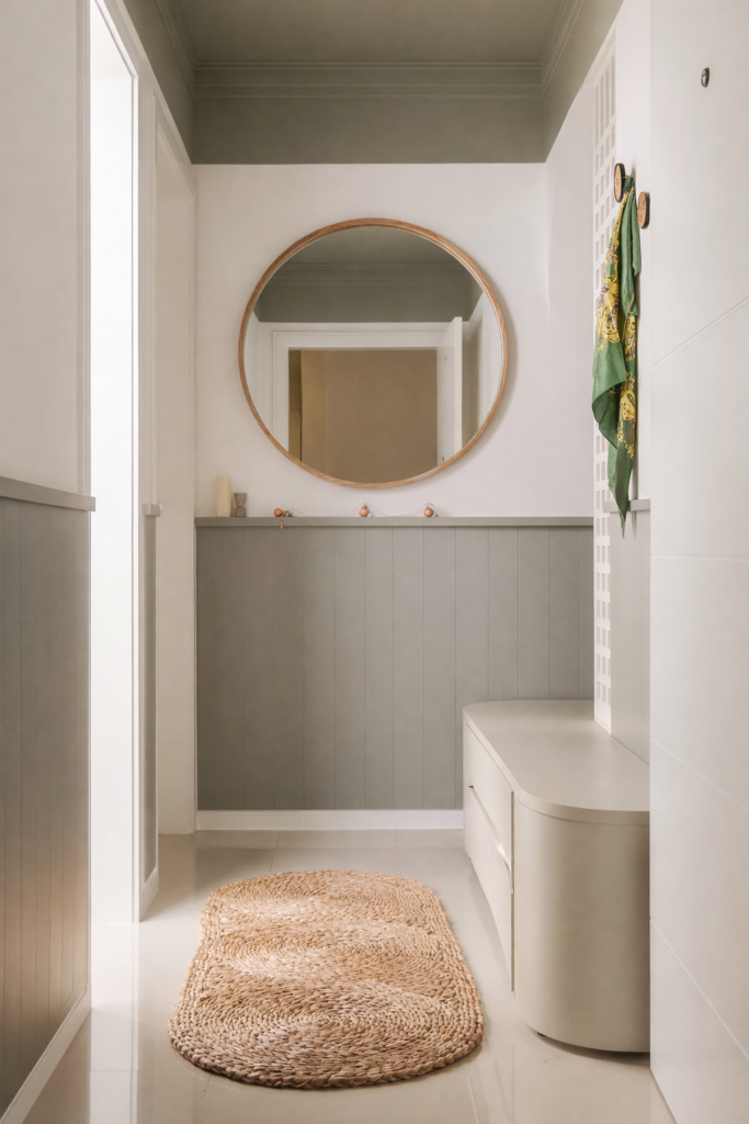Hall de entrada decorado no estilo Boho Farmhouse com espelho redondo, banco sapateira de cantos curvos, painel shiplap verde e tapete oval de fibra natural.