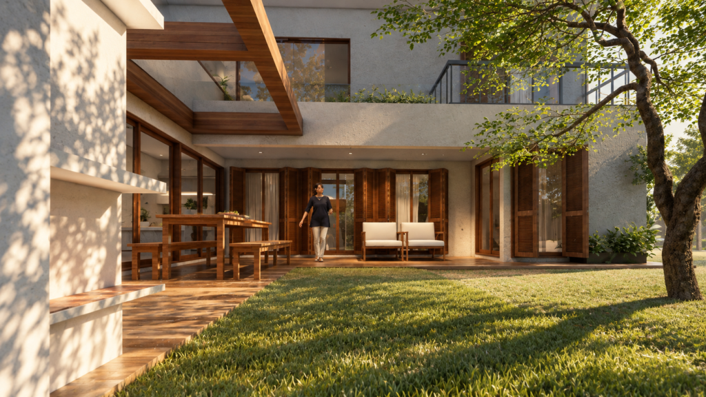 Renderização arquitetônica de uma casa moderna de dois andares ao pôr do sol, com fachada de textura de pedra clara e detalhes em madeira. Uma pérgola de madeira sobre a garagem abriga um SUV prata. O térreo tem uma porta de madeira com vidro e a parte superior possui uma varanda com parapeito de vidro e uma pessoa em pé, tudo emoldurado por árvores frondosas.