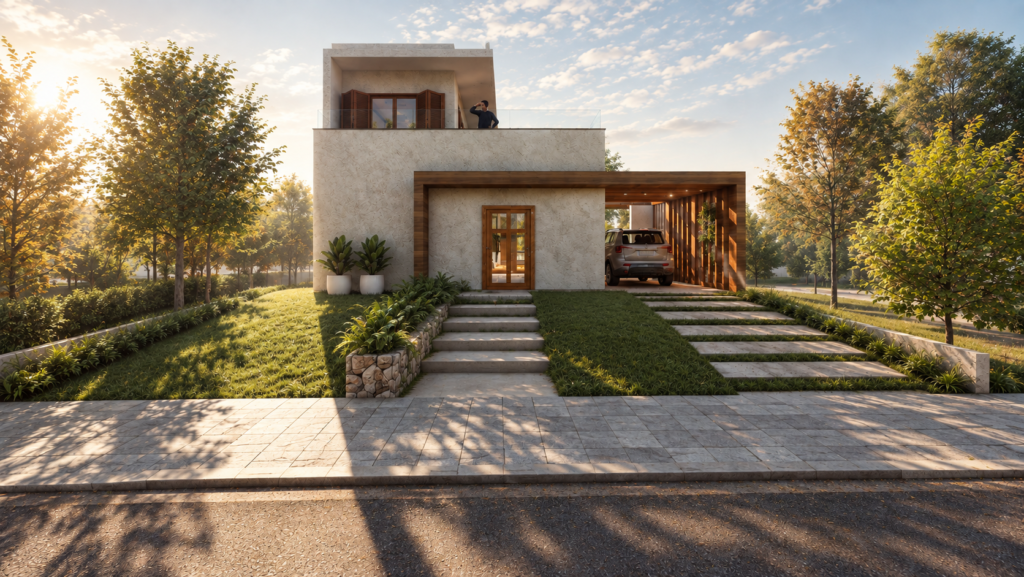 Renderização arquitetônica de uma casa moderna de dois andares ao pôr do sol, com fachada de textura de pedra clara e detalhes em madeira. Uma pérgola de madeira sobre a garagem abriga um SUV prata. O térreo tem uma porta de madeira com vidro e a parte superior possui uma varanda com parapeito de vidro e uma pessoa em pé, tudo emoldurado por árvores frondosas.
