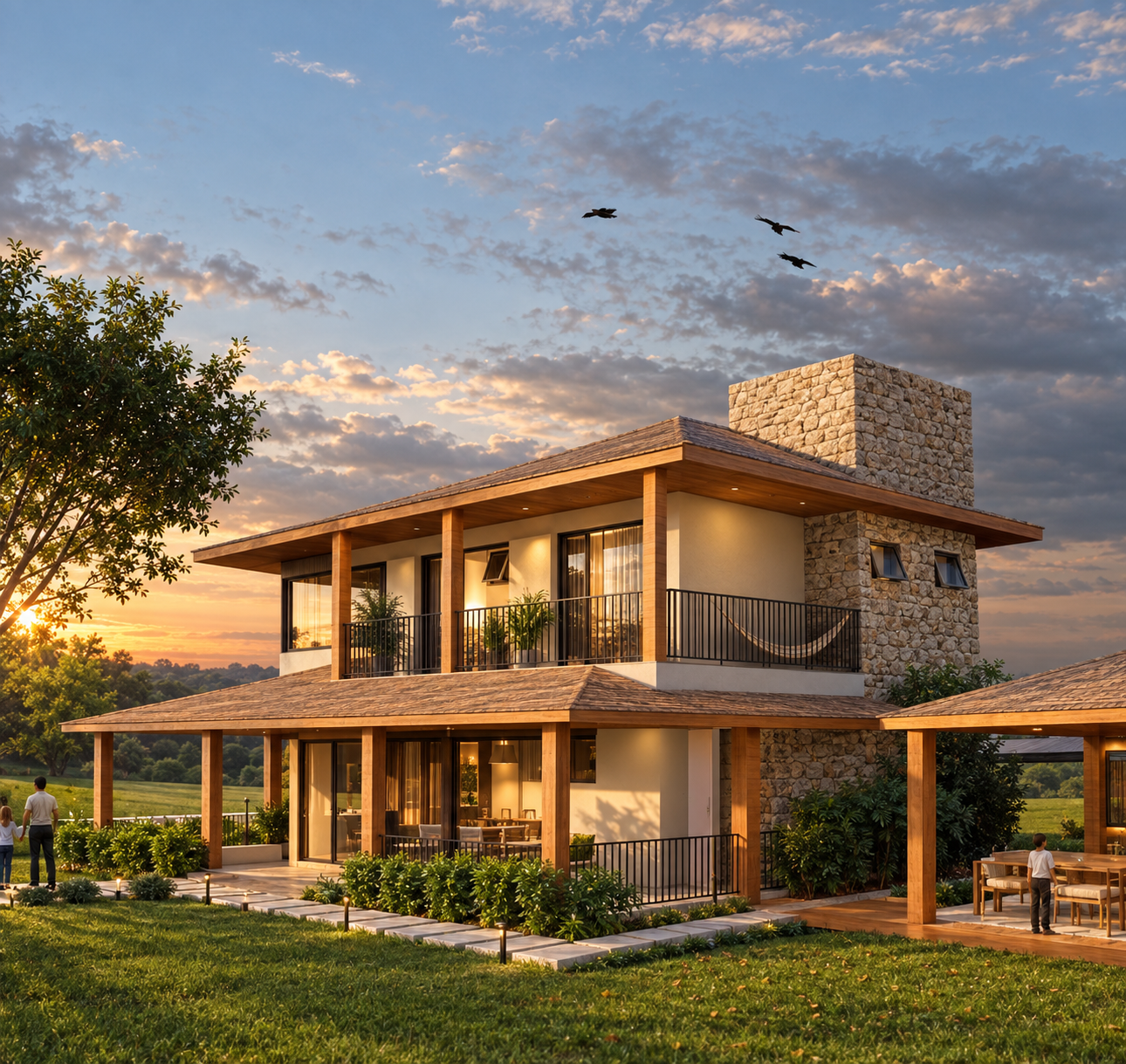 Renderização arquitetônica de uma residência de campo contemporânea de dois andares ao entardecer, com pilares e beirais de madeira aparente e uma torre revestida em pedras naturais. A fachada possui varandas cobertas em ambos os níveis com guarda-corpo metálico preto, iluminação interna acolhedora e caminho de pisadas no gramado iluminado por balizadores, com vista aberta para colinas e pássaros voando sob o céu dourado.