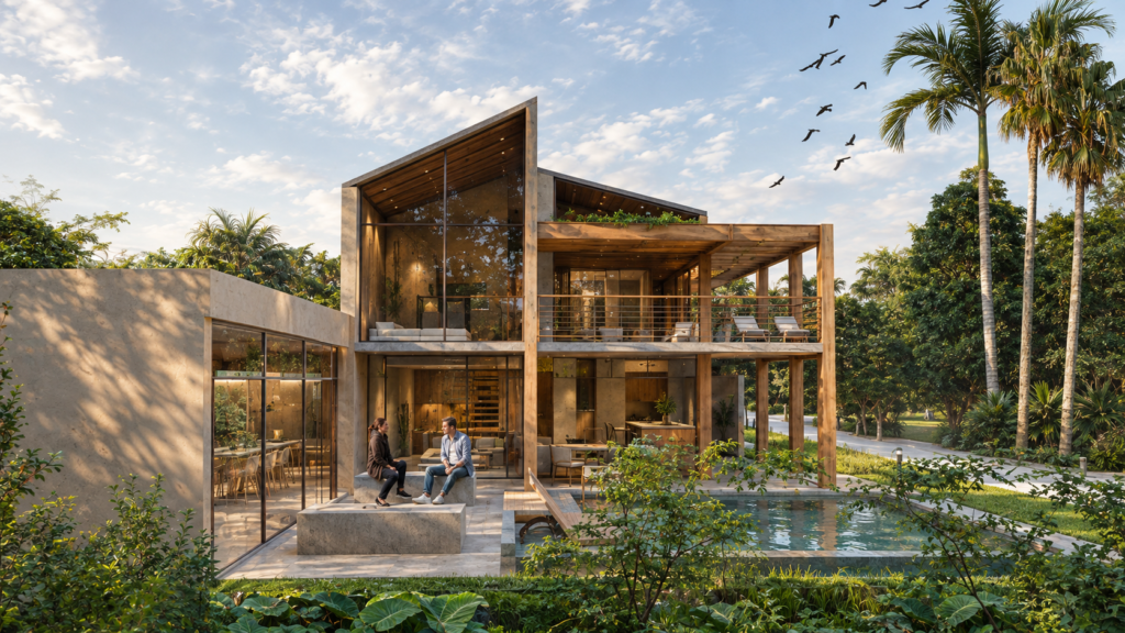 Renderização arquitetônica de uma residência de campo contemporânea com cobertura inclinada assimétrica e fachada envidraçada de pé-direito duplo. Na área externa, um casal conversa sentado em bancos de pedra junto à piscina emoldurada por deck e rica vegetação tropical. O volume de dois andares combina concreto aparente, pórticos de madeira natural e varandas integradas sob céu azul com pássaros em revoada.
