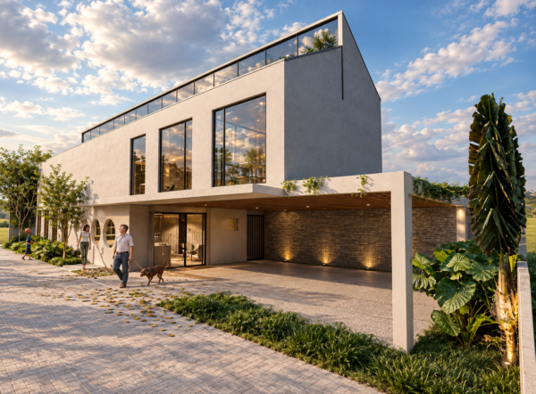 Renderização arquitetônica de edifício contemporâneo com telhado de duas águas assimétrico e fachada em textura cinza clara. O piso superior possui grandes janelas retangulares de vidro e cobertura com guarda-corpo envidraçado. No térreo, aberturas circulares lúdicas, ampla garagem coberta com parede de pedra iluminada por balizadores e pessoas caminhando na calçada de blocos intertravados com um cachorro guia.