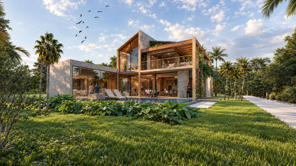 Renderização arquitetônica de residência contemporânea de dois andares com fachada em concreto aparente e estrutura de pórtico em madeira clara. Na frente da casa, há uma piscina linear com borda de concreto e deck, gramado verde com vegetação tropical, duas pessoas conversando na varanda e vegetação pendente na sacada superior sob céu azul de fim de tarde.