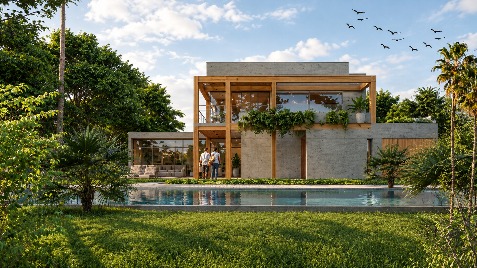Renderização arquitetônica de residência contemporânea de dois andares com fachada em concreto aparente e estrutura de pórtico em madeira clara. Na frente da casa, há uma piscina linear com borda de concreto e deck, gramado verde com vegetação tropical, duas pessoas conversando na varanda e vegetação pendente na sacada superior sob céu azul de fim de tarde.