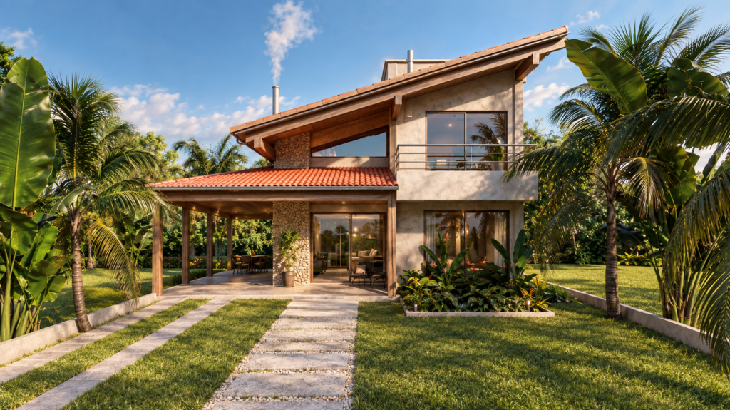 Renderização de uma casa de campo moderna de dois andares com arquitetura que mescla estilo rústico e contemporâneo. A fachada exibe paredes de textura clara, pedra natural na coluna central, e uma cobertura inclinada com telhas coloniais vermelhas e estrutura de madeira aparente. No térreo, uma varanda gourmet aberta com churrasqueira e mesa de jantar. No andar superior, uma varanda com guarda-corpo metálico e grandes aberturas de vidro. Um caminho de pisadas de pedra natural atravessa o gramado ladeado por palmeiras e vegetação tropical exuberante sob um céu azul claro. Fumaça sai da chaminé.