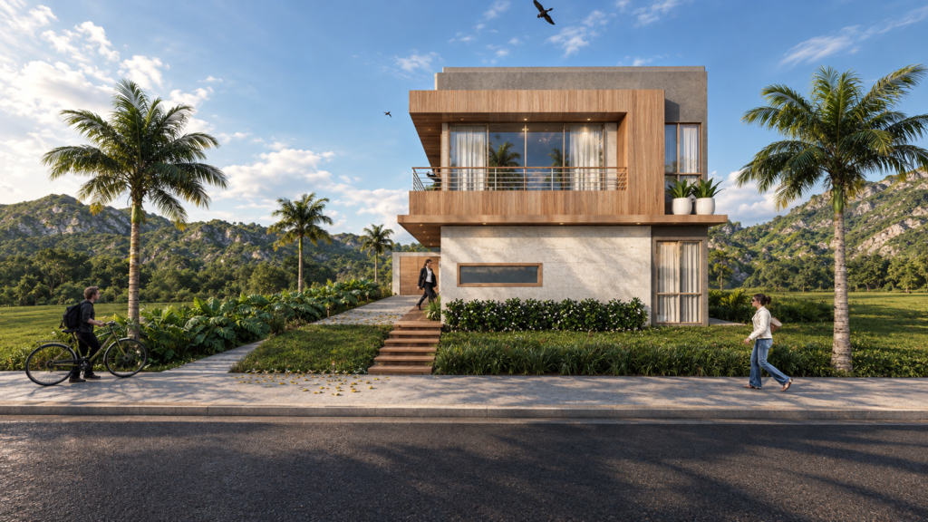Renderização de arquitetura moderna de uma casa de dois andares com fachada mista de madeira e pedra texturizada. A entrada tem degraus de madeira e paisagismo com plantas de folhas largas. No andar superior, uma varanda com parapeito metálico e grandes portas de vidro. Três pessoas e um ciclista estão na calçada, sob um céu azul com nuvens e montanhas ao fundo.