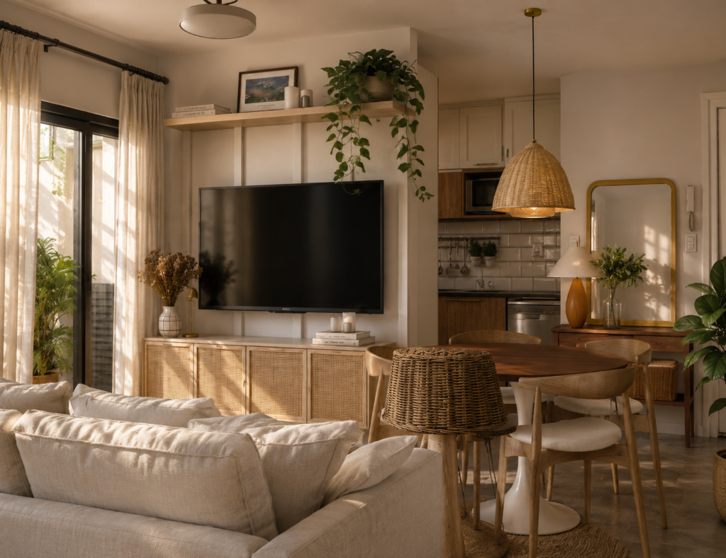 Decoração de rack boho com portas em palha indiana, TV na parede em shiplap branco, vaso com flores secas, velas e prateleira superior com planta pendente jiboia em sala de estar integrada.