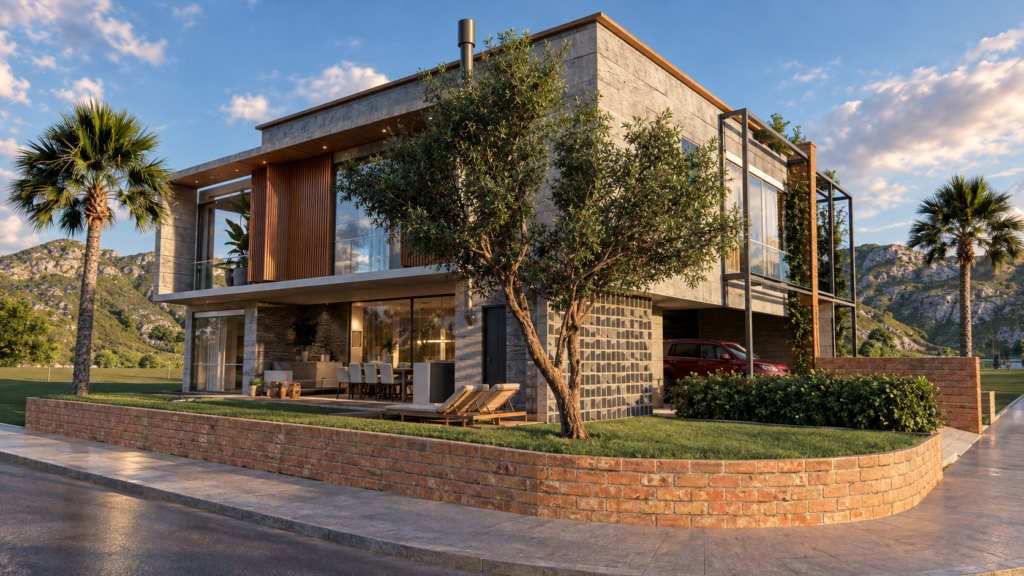 Renderização arquitetônica de uma casa moderna de dois andares com fachada em blocos de concreto e ripado de madeira. Em primeiro plano, um jardim de esquina com mureta curva de tijolos de terracota, oliveira e espreguiçadeiras em deck de madeira. Grandes panos de vidro revelam a área social interna integrada, com garagem aberta ao lado e montanhas ao fundo sob o céu de fim de tarde.