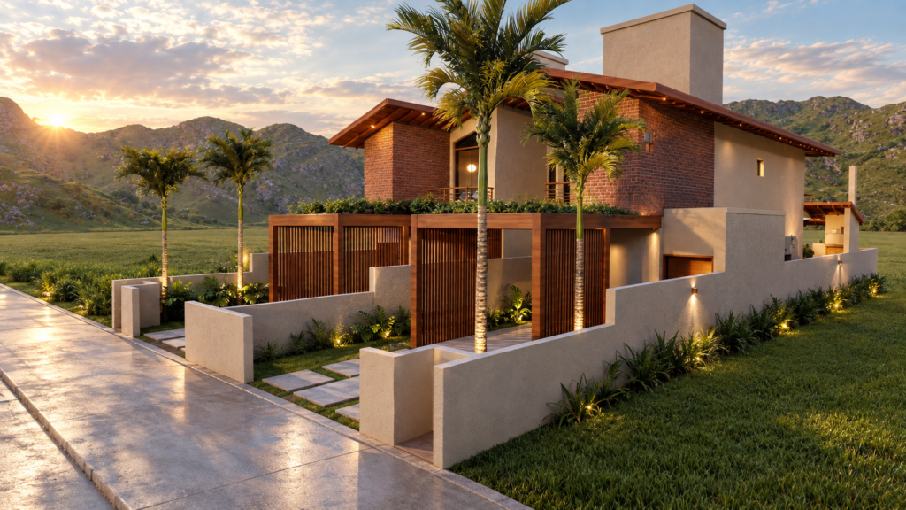 Renderização de arquitetura contemporânea tropical de uma casa de campo de dois andares com fachada de tijolos aparentes e textura clara. Dois grandes coqueiros emolduram a entrada, com um pergolado de madeira sobre a varanda superior. O paisagismo inclui muros baixos e iluminação quente de piso, sob um céu de pôr do sol dourado e montanhas ao fundo.
